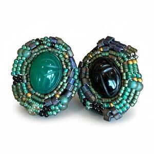 Vintage Earrings Pierced Scarab Green & Black Glass Cabochon Stud Artisan Beaded